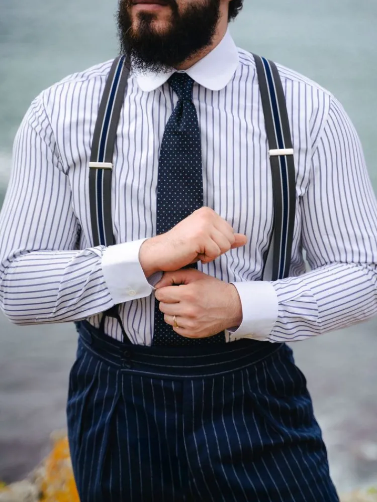 The Nines Bretelles Homme*Bretelles homme rayées gris et bleu à boutons