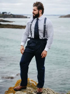 The Nines Bretelles Homme*Bretelles homme rayées gris et bleu à boutons