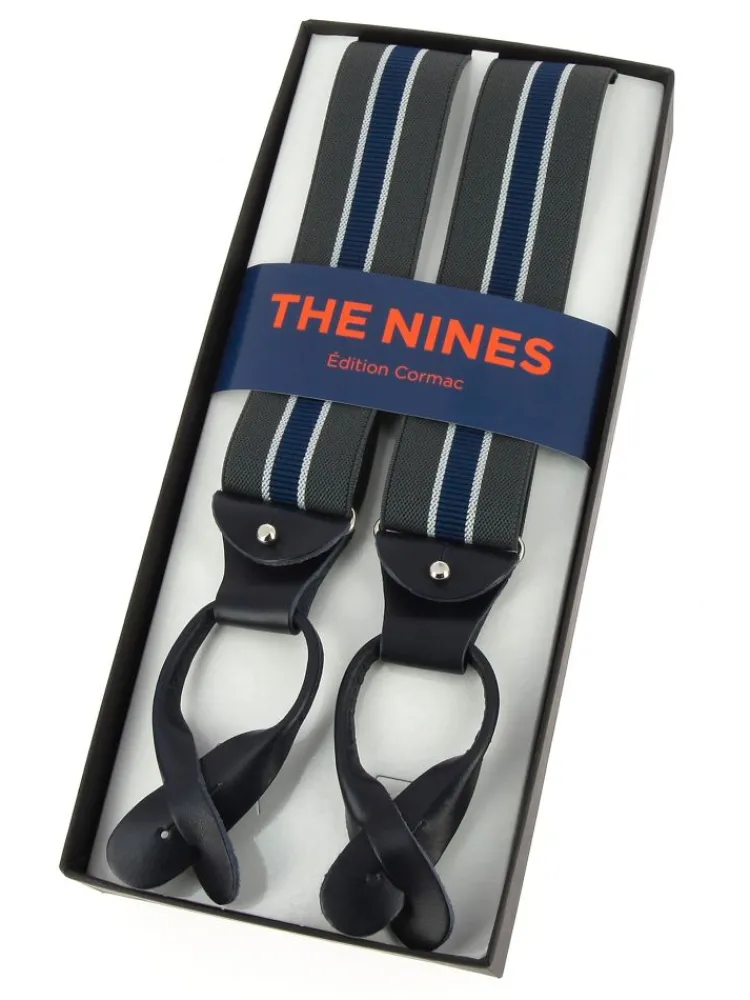 The Nines Bretelles Homme*Bretelles homme rayées gris et bleu à boutons