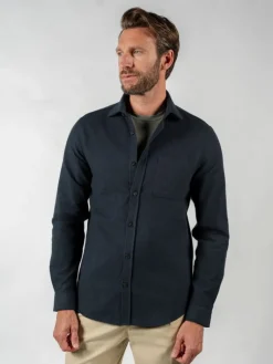 The Nines Chemise Bleue|Chemise Flanelle*Chemise bleue marine en flanelle épaisse col italien