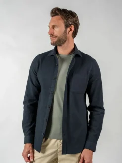 The Nines Chemise Bleue|Chemise Flanelle*Chemise bleue marine en flanelle épaisse col italien