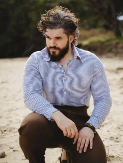 The Nines Chemise Bleue|Chemise En Lin*Chemise col français en lin et coton à rayures bleu marine