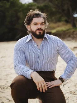 The Nines Chemise Bleue|Chemise En Lin*Chemise col français en lin et coton à rayures bleu marine