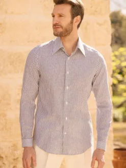 The Nines Chemise Bleue|Chemise En Lin*Chemise col français en lin et coton à rayures bleu marine