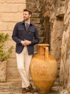 The Nines Chemise Bleue|Chemise En Lin*Chemise col français en lin et coton à rayures bleu marine