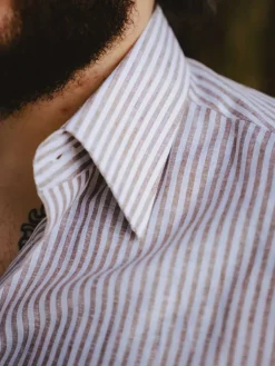 The Nines Chemise En Lin|Chemise Casual*Chemise col français en lin et coton à rayures noisette