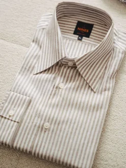 The Nines Chemise En Lin|Chemise Casual*Chemise col français en lin et coton à rayures noisette