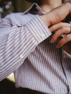 The Nines Chemise En Lin|Chemise Casual*Chemise col français en lin et coton à rayures noisette