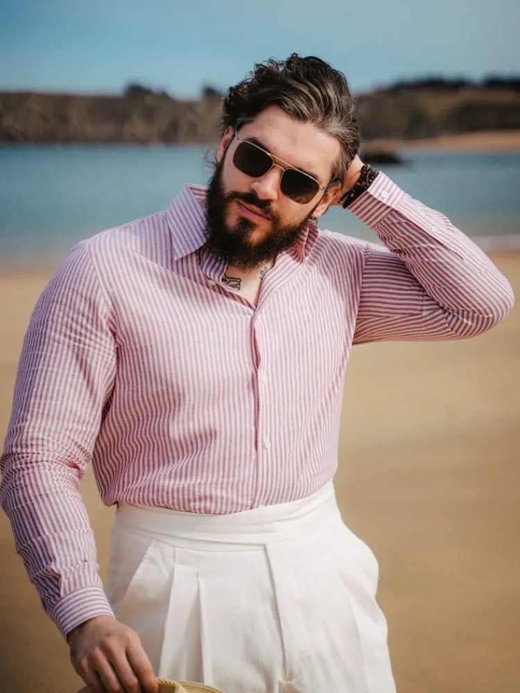 The Nines Chemise En Lin|Chemise Casual*Chemise col français en lin et coton à rayures rouge