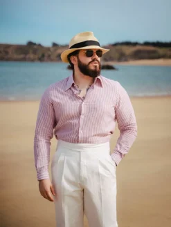 The Nines Chemise En Lin|Chemise Casual*Chemise col français en lin et coton à rayures rouge