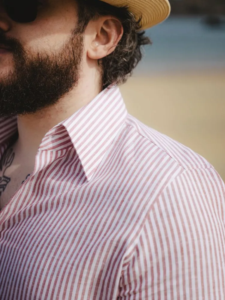 The Nines Chemise En Lin|Chemise Casual*Chemise col français en lin et coton à rayures rouge