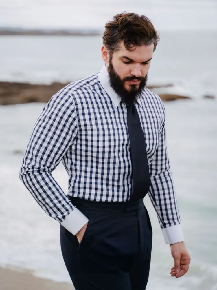 The Nines Chemise Poignet Simple|Chemise Bleue*Chemise col français en twill vichy bleu marine