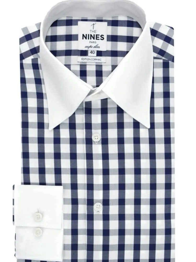 The Nines Chemise Poignet Simple|Chemise Bleue*Chemise col français en twill vichy bleu marine