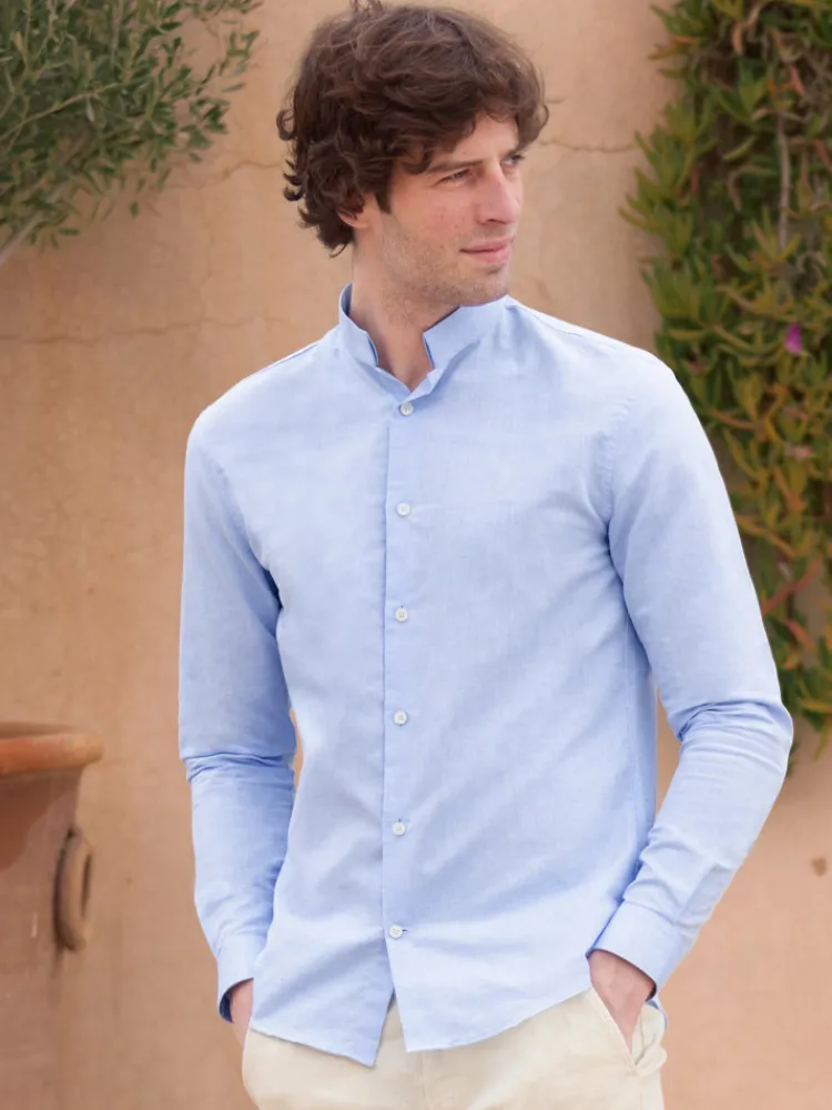 The Nines Chemise Poignet Simple|Chemise Bleue*Chemise col inversé en lin et coton bleu ciel