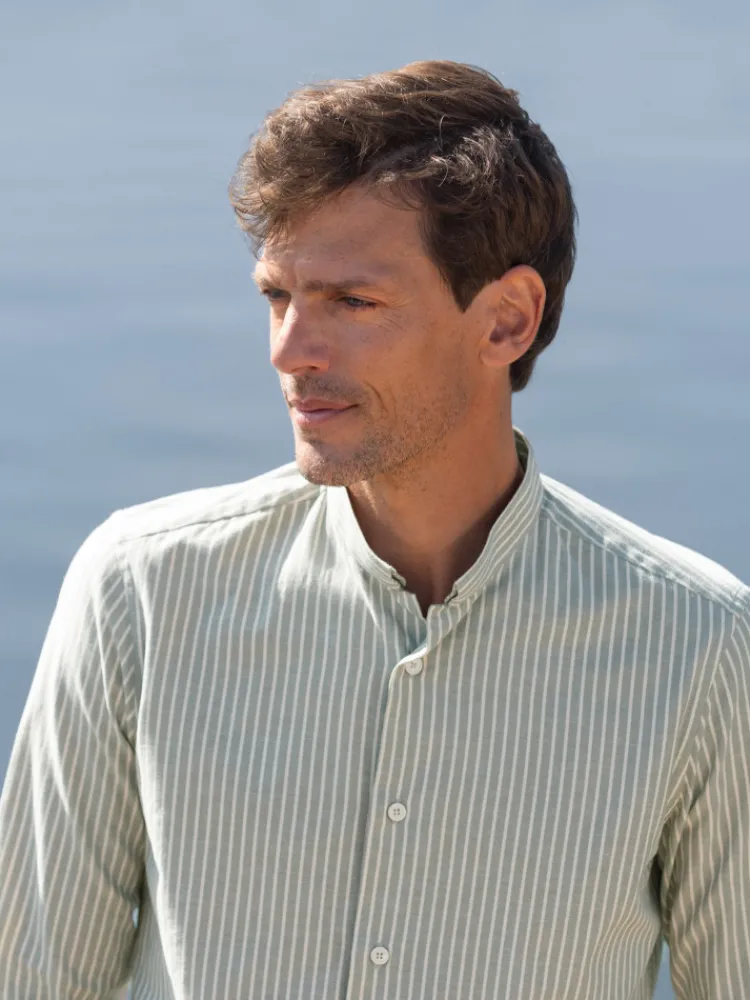 The Nines Chemise Poignet Simple|Chemise Oxford*Chemise col inversé en oxford japonais à rayures vertes