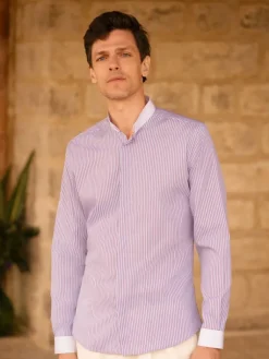 The Nines Chemise Poignet Simple|Chemise Infroissable*Chemise col inversé infroissable bleu ciel à rayures bordeaux