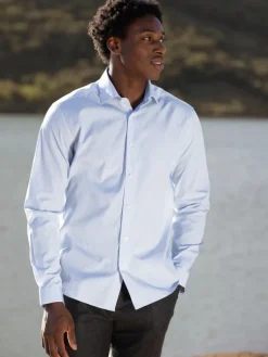 The Nines Chemise Poignet Simple|Chemise Bleue*Chemise col italien à rayures bleu ciel