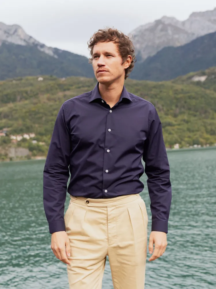 The Nines Chemise Poignet Simple|Chemise Bleue*Chemise col italien en popeline bleu marine