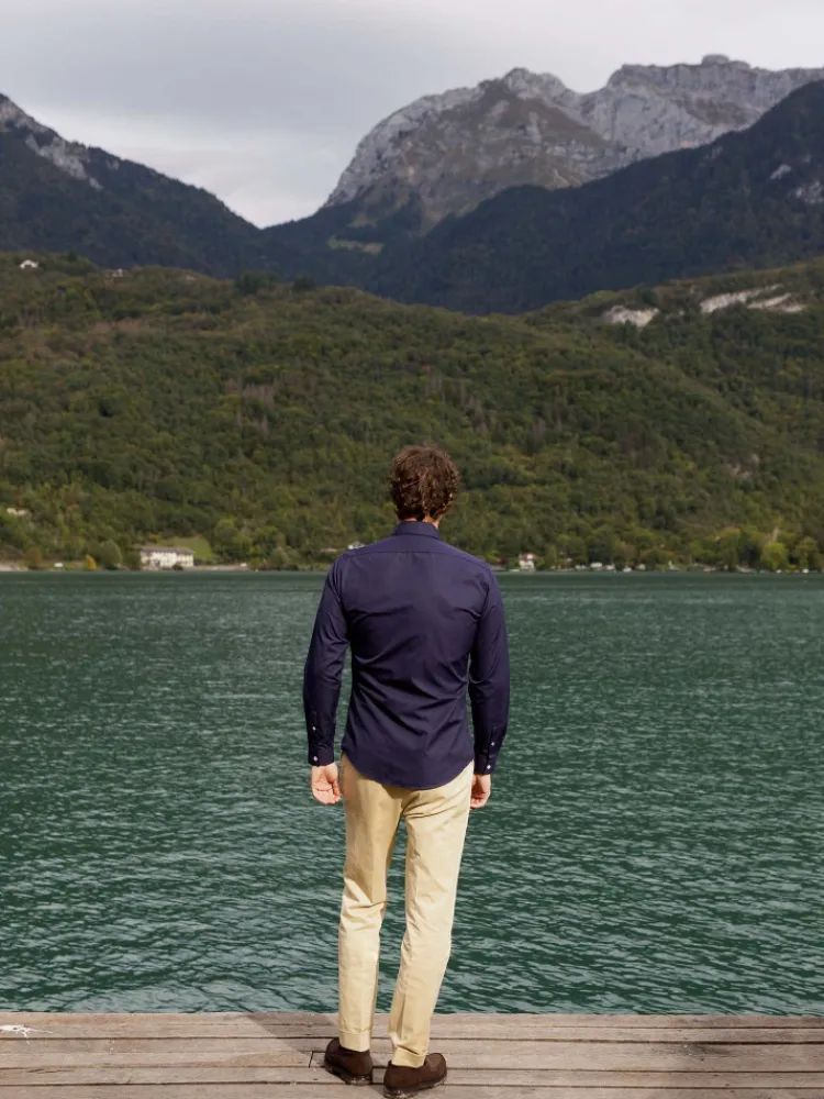 The Nines Chemise Poignet Simple|Chemise Bleue*Chemise col italien en popeline bleu marine