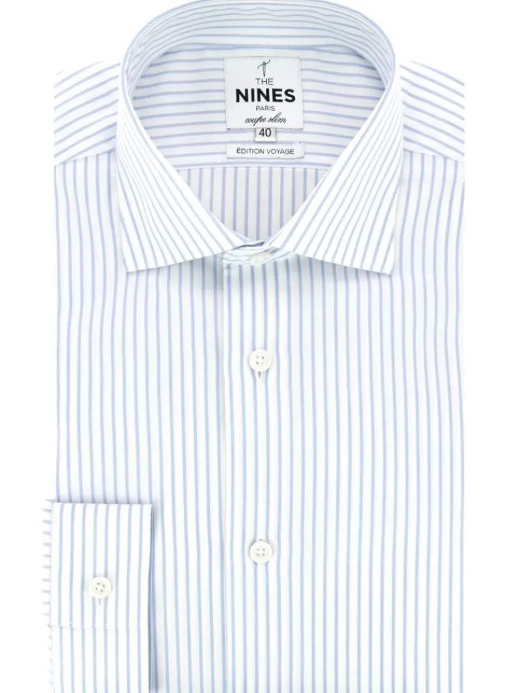 The Nines Chemise Bleue|Chemise À Rayures*Chemise col italien infroissable à rayures bleu ciel