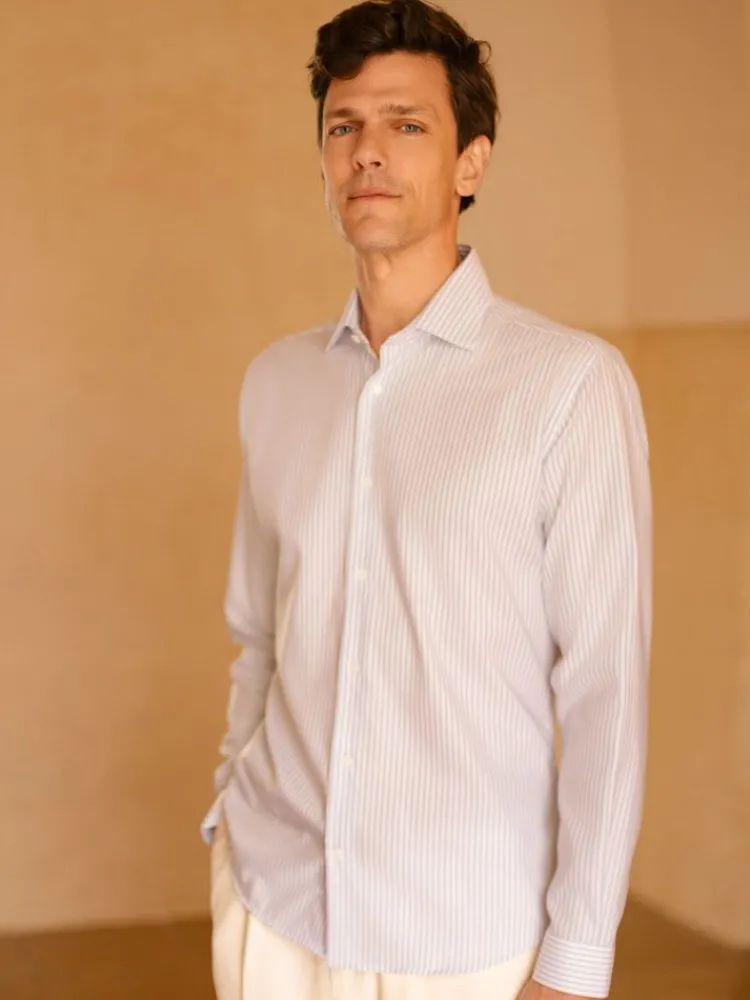 The Nines Chemise Bleue|Chemise À Rayures*Chemise col italien infroissable à rayures bleu ciel