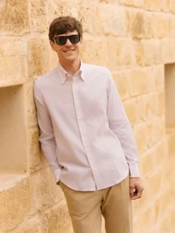 The Nines Chemise Poignet Simple|Chemise Écrue*Chemise col napolitain à rayures beiges