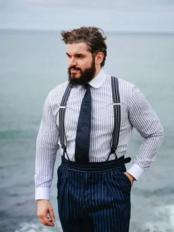 The Nines Chemise Poignet Simple|Chemise Bleue*Chemise col rond à triples rayures bleu marine