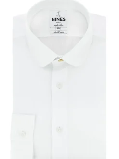 The Nines Chemise Poignet Simple|Chemise Blanche*Chemise col rond en dobby blanc avec bouton doré