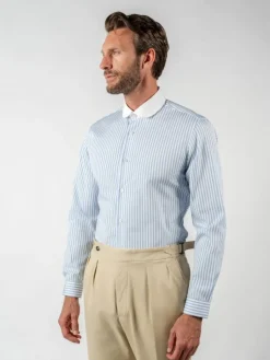 The Nines Chemise Poignet Simple|Chemise Bleue*Chemise infroissable col rond à rayures bleu ciel