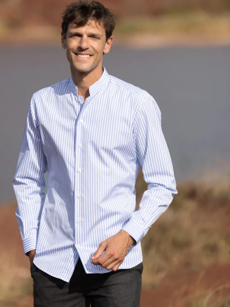The Nines Chemise Poignet Simple|Chemise Infroissable*Chemise infroissable col droit à rayures bleu ciel