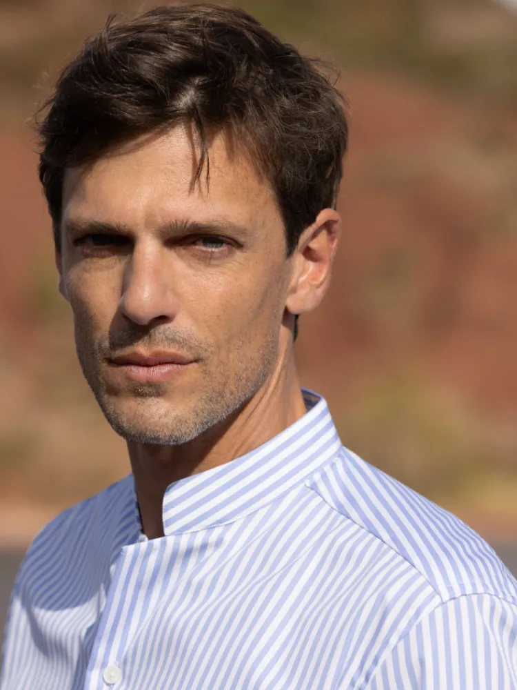 The Nines Chemise Poignet Simple|Chemise Infroissable*Chemise infroissable col droit à rayures bleu ciel