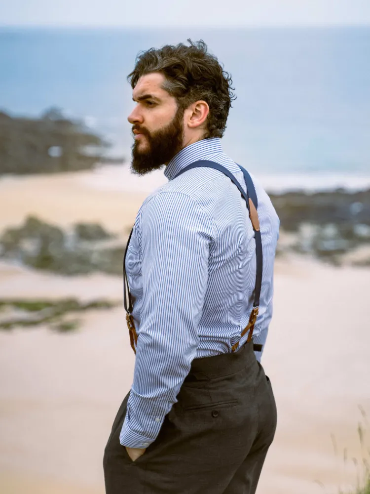 The Nines Chemise Pin Collar*Chemise infroissable col épingle à rayures bleu marine