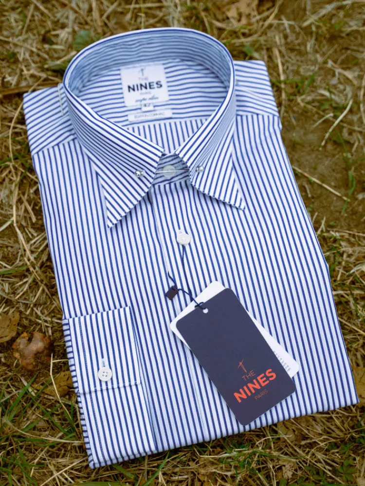 The Nines Chemise Pin Collar*Chemise infroissable col épingle à rayures bleu marine