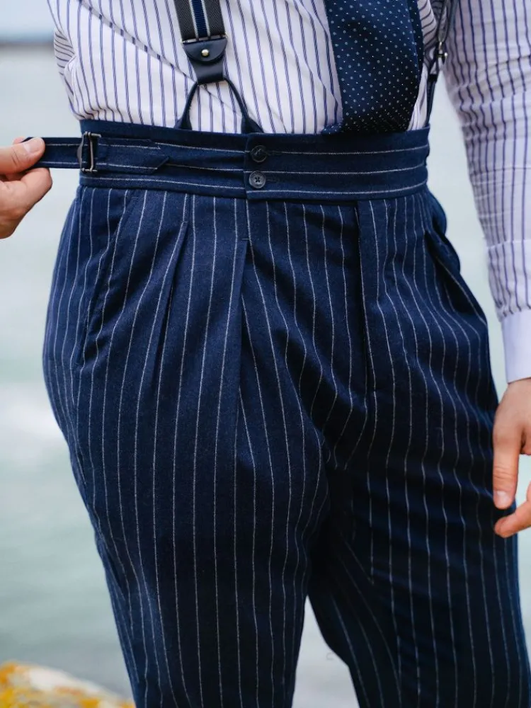 The Nines Pantalon Taille Haute*Pantalon en flanelle bleu marine à rayures Tregorn