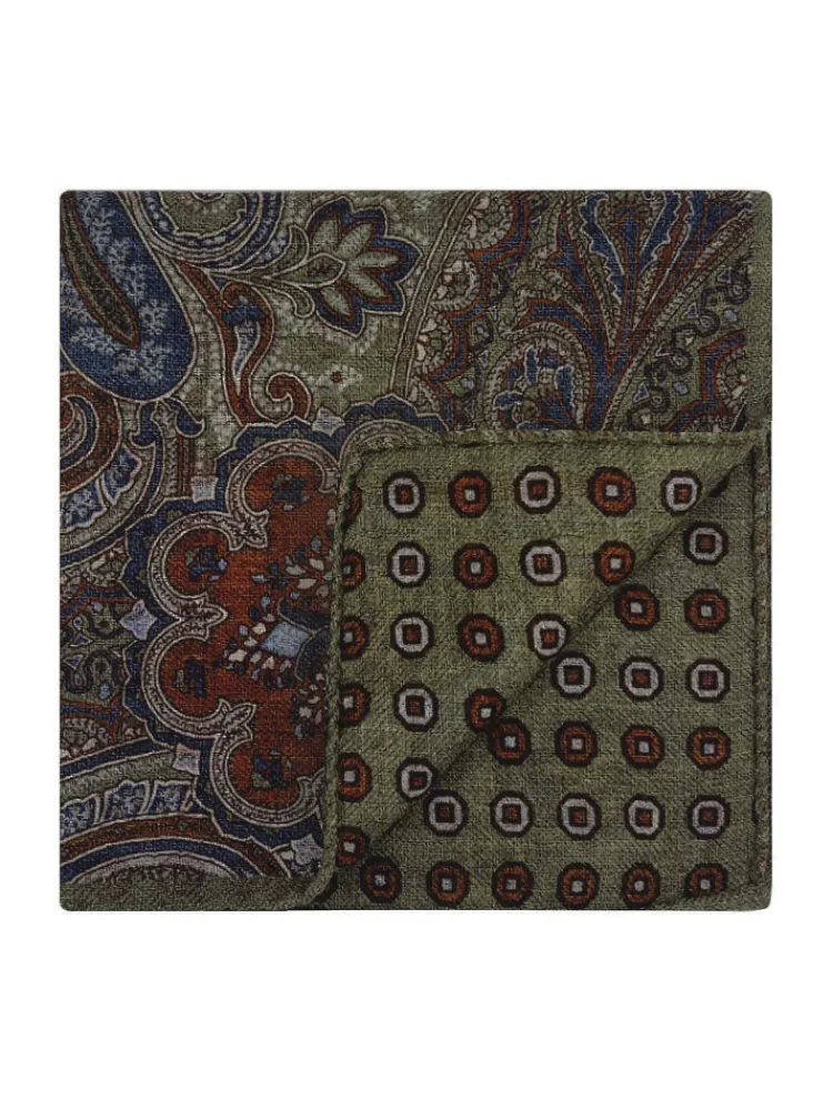 The Nines Pochette Costume|Pochette Costume*Pochette de costume à motif cachemire en laine réversible vert kaki